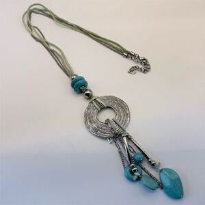 Silver Tone Necklace w/ Faux Turquoise Pendant & Tassel Unbranded Costume